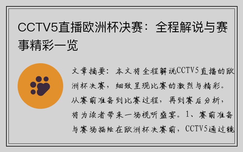 CCTV5直播欧洲杯决赛：全程解说与赛事精彩一览